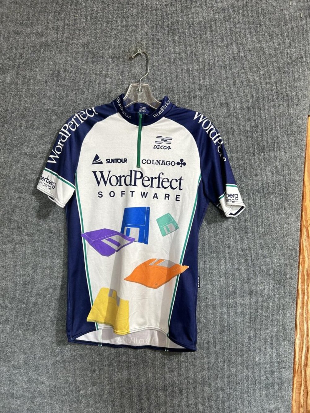 Vintage Decca Cycling Jersey Mens Medium Blue WordPerfect 1/4 Zip Pockets Bike